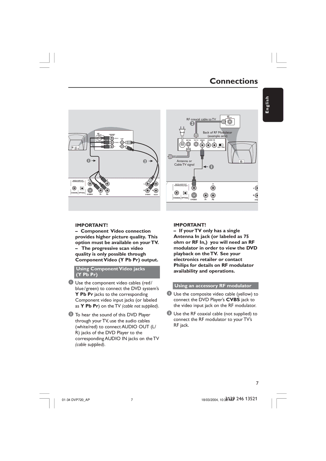 Philips DVP720SA manual Using Component Video jacks Y Pb Pr, Using an accessory RF modulator 