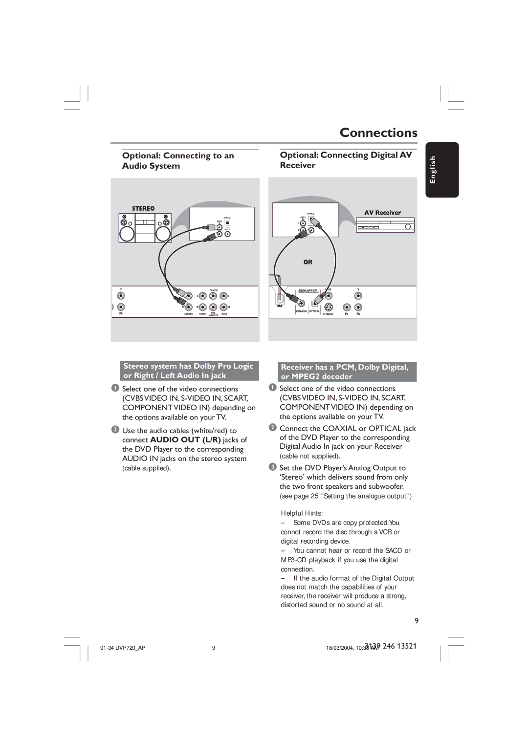 Philips DVP720SA manual Receiver has a PCM, Dolby Digital, or MPEG2 decoder, Eng 