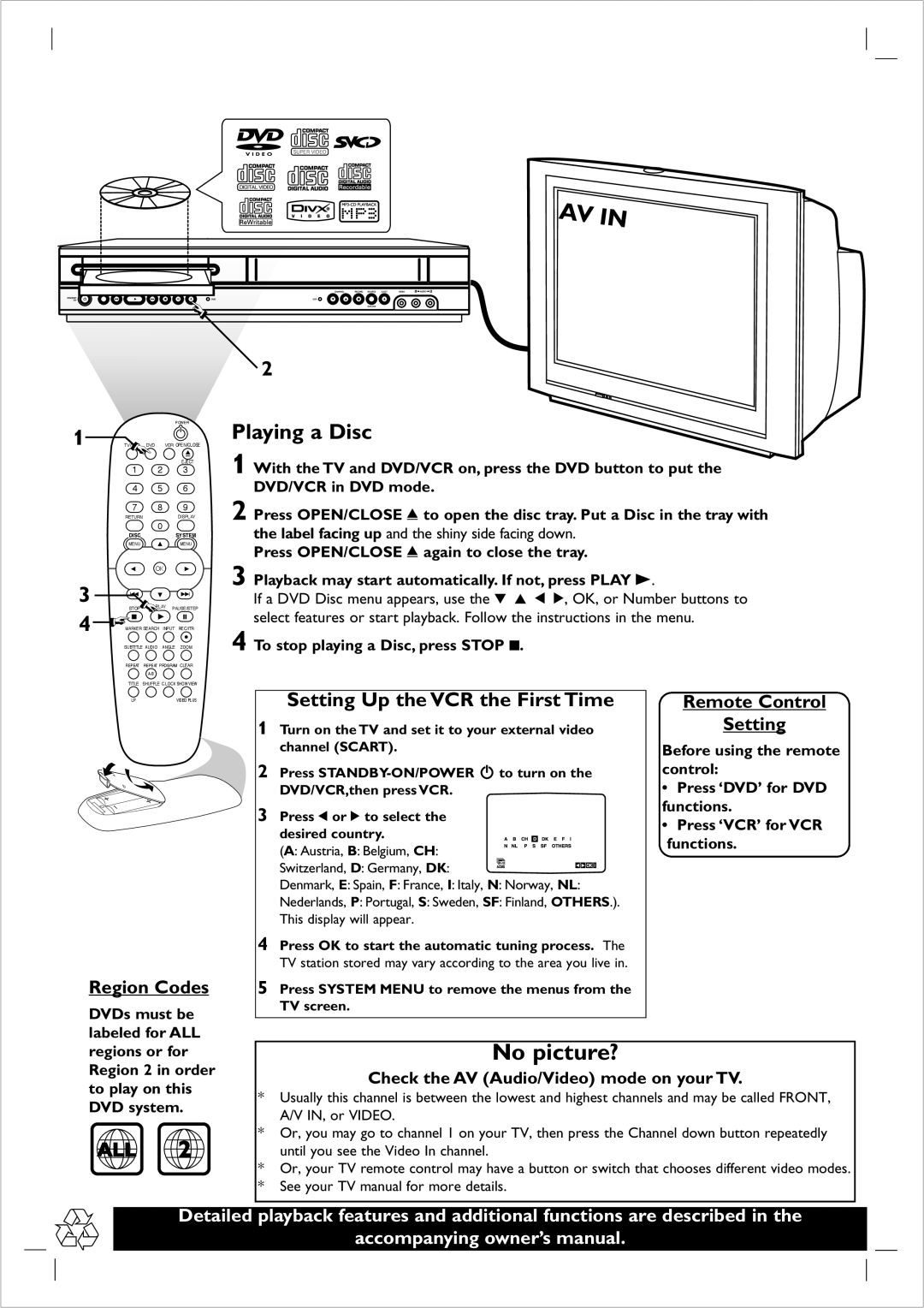 Philips DVP721VR owner manual Region Codes, Remote Control Setting, Playback may start automatically. If not, press Play B 