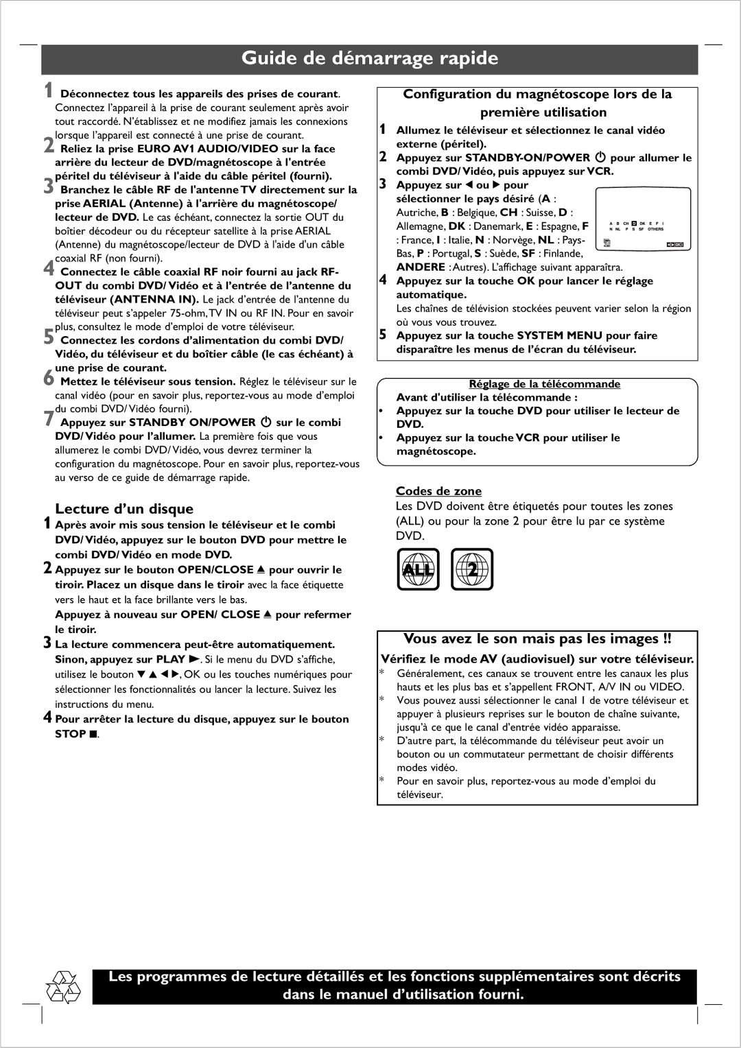 Philips DVP721VR Guide de démarrage rapide, Lecture d’un disque, Vous avez le son mais pas les images, Codes de zone 