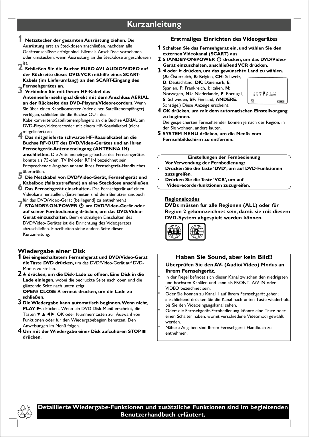 Philips DVP721VR owner manual Kurzanleitung, Wiedergabe einer Disk, Haben Sie Sound, aber kein Bild 