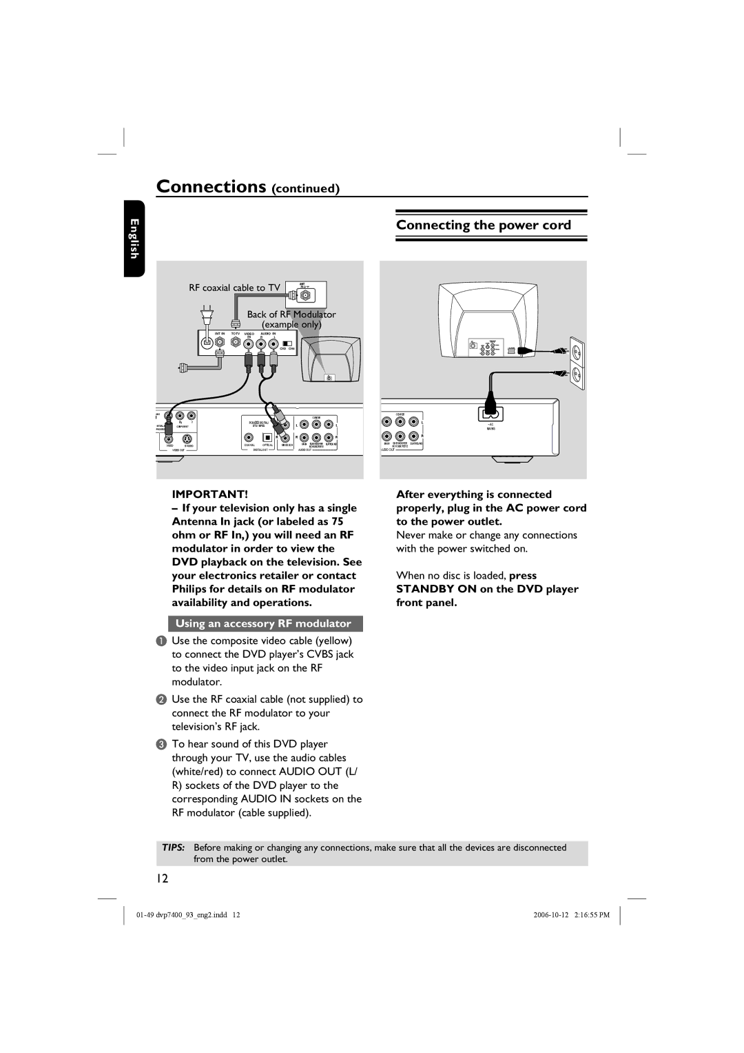 Philips dvp7400, DVP7400S/93 Connecting the power cord, After everything is connected, Using an accessory RF modulator 