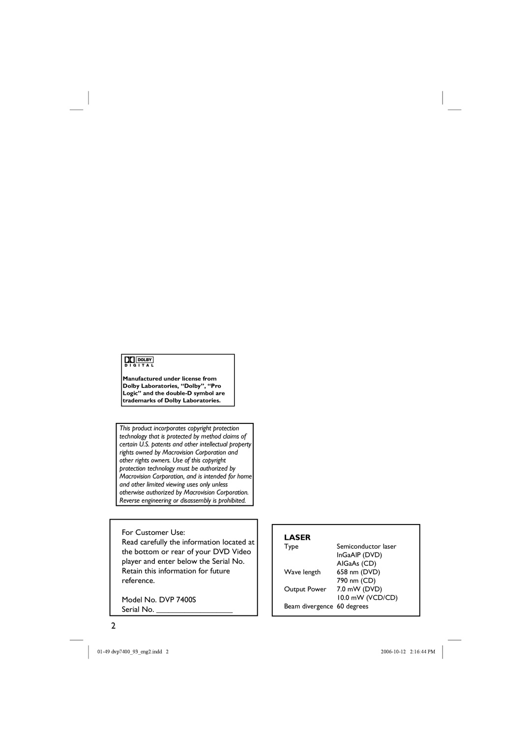 Philips dvp7400, DVP7400S/93 user manual For Customer Use, Laser 