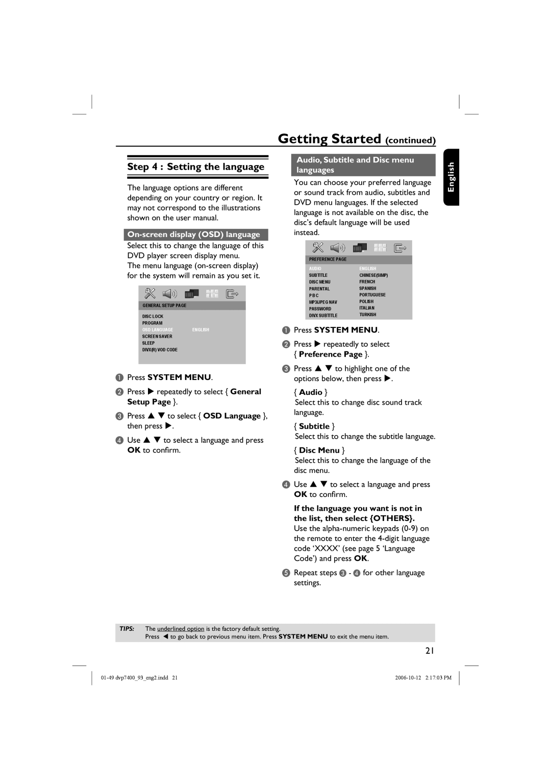 Philips DVP7400S/93, dvp7400 Setting the language, On-screen display OSD language, Audio, Subtitle and Disc menu languages 