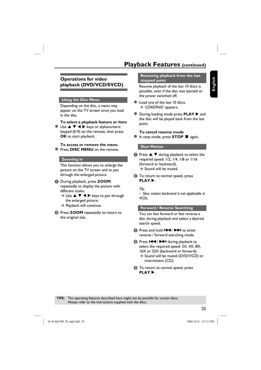 Philips DVP7400S/93, dvp7400 user manual Operations for video playback DVD/VCD/SVCD, Play 