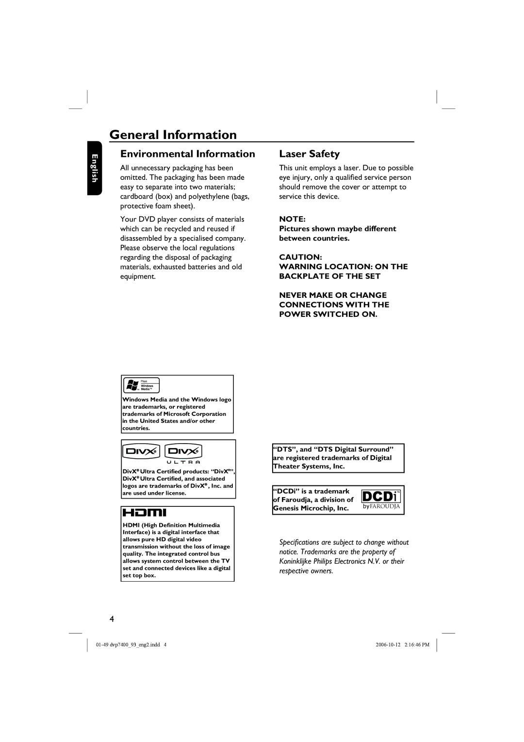 Philips dvp7400, DVP7400S/93 user manual General Information, Pictures shown maybe different between countries 