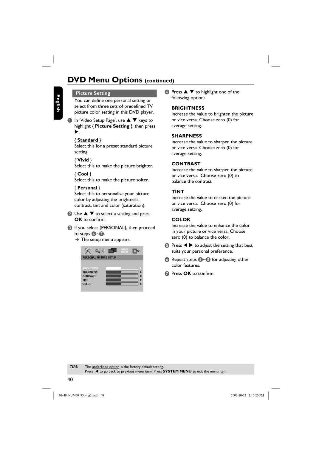 Philips dvp7400, DVP7400S/93 user manual Brightness, Sharpness, Contrast, Tint, Color 