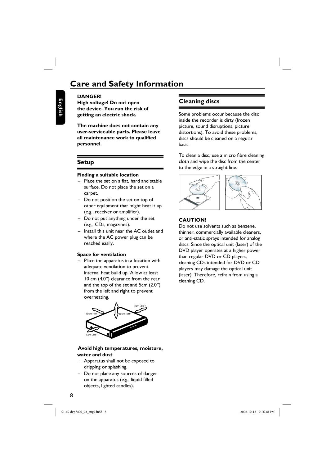 Philips dvp7400, DVP7400S/93 user manual Care and Safety Information, Setup, Cleaning discs 