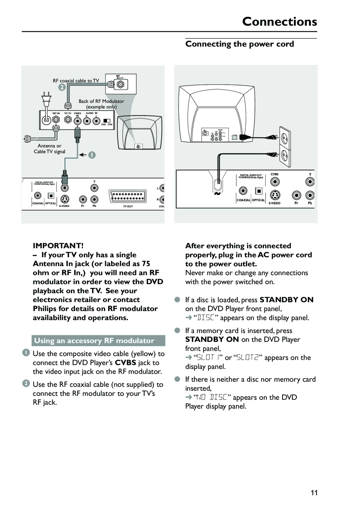 Philips SL-0433/05-1, DVP762/05 user manual Connecting the power cord, Using an accessory RF modulator 