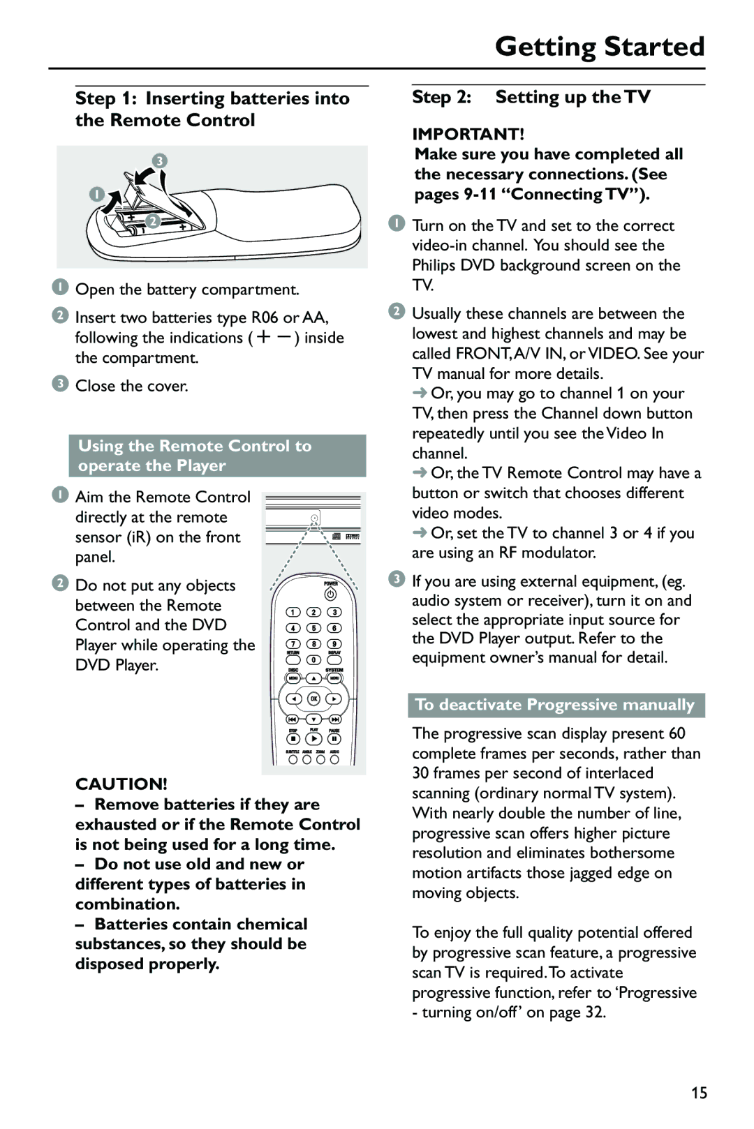 Philips SL-0433/05-1, DVP762/05 user manual Getting Started, Inserting batteries into the Remote Control, Setting up the TV 