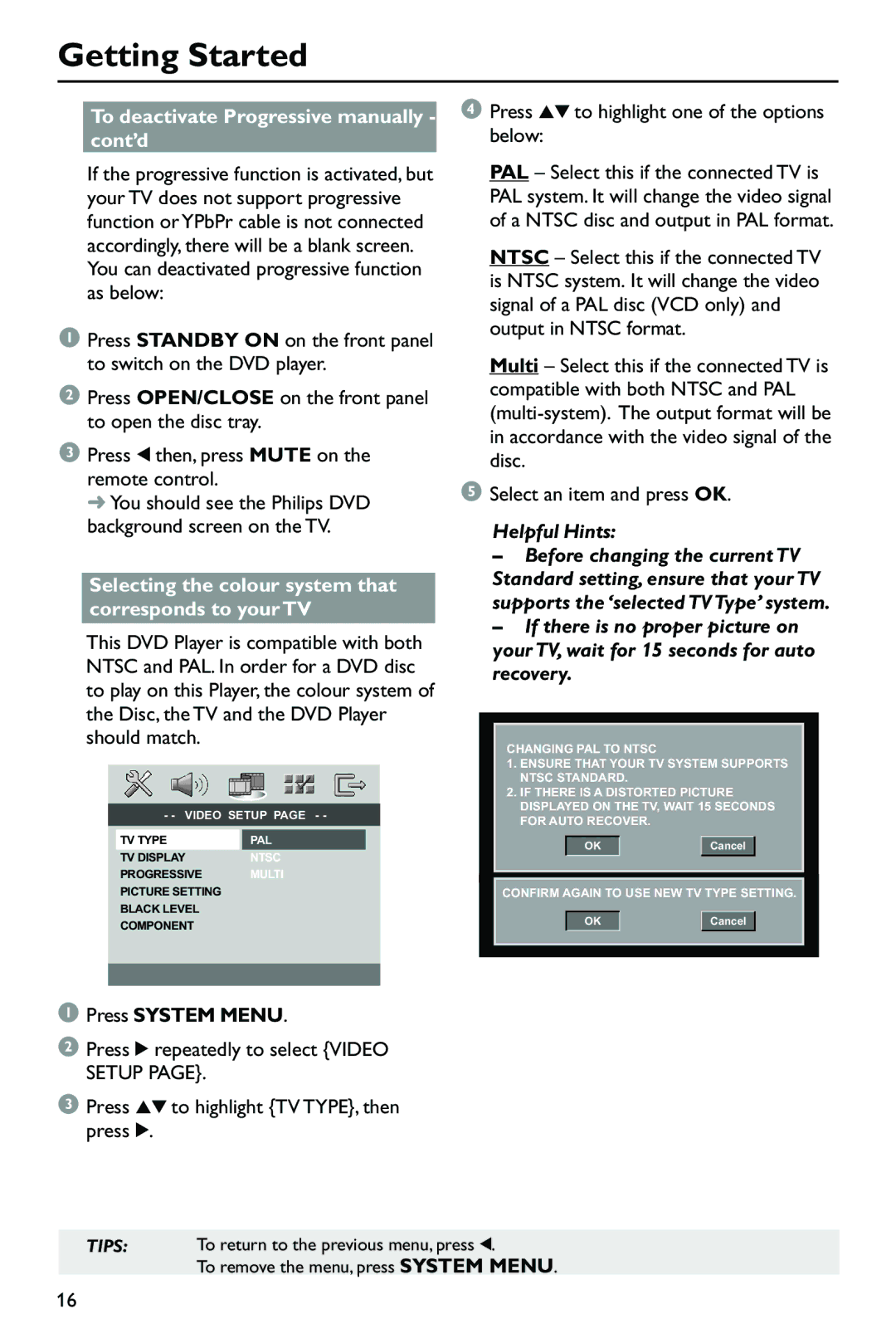 Philips DVP762/05 To deactivate Progressive manually cont’d, Selecting the colour system that corresponds to your TV 