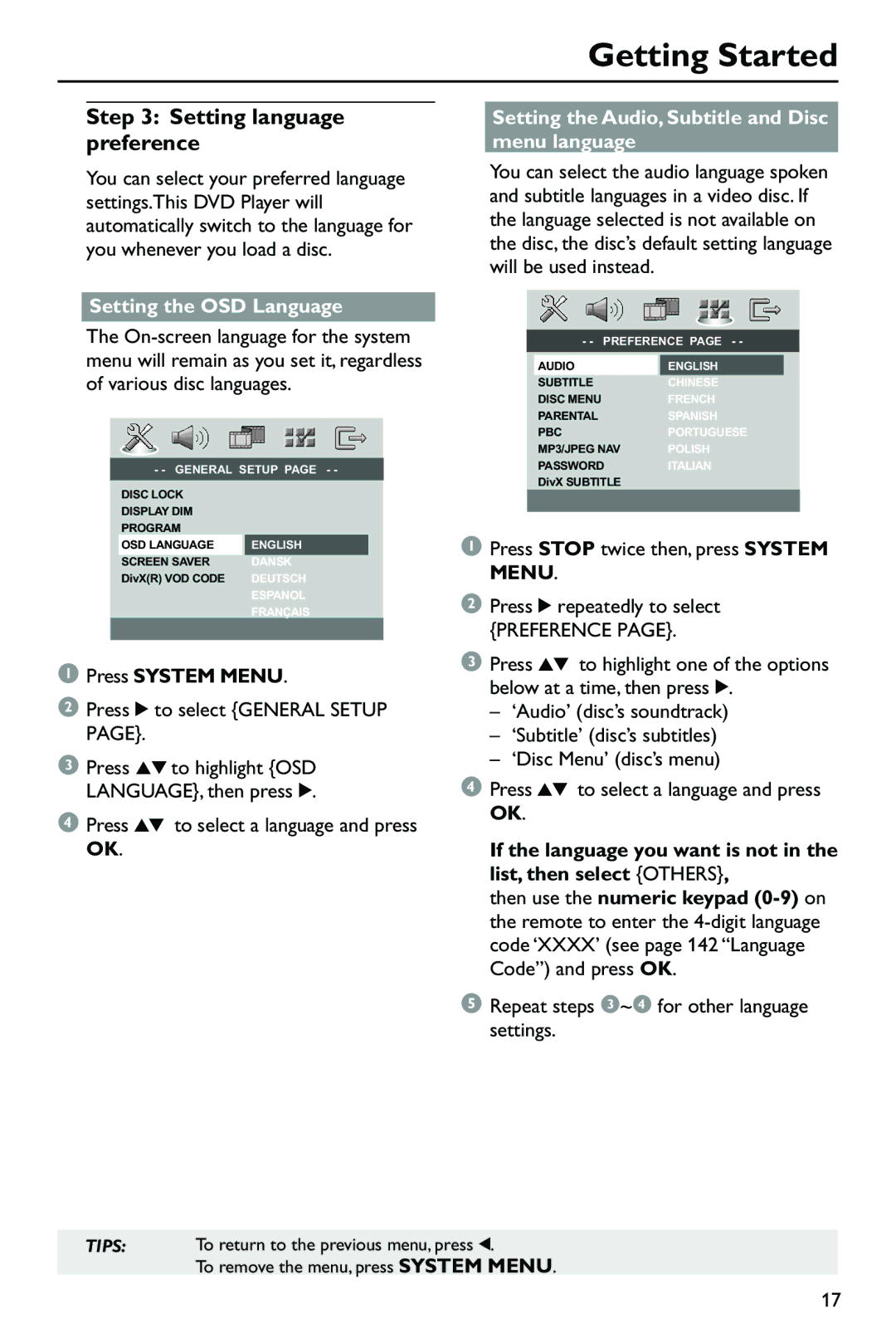 Philips SL-0433/05-1, DVP762/05 user manual Setting language preference, Setting the OSD Language 