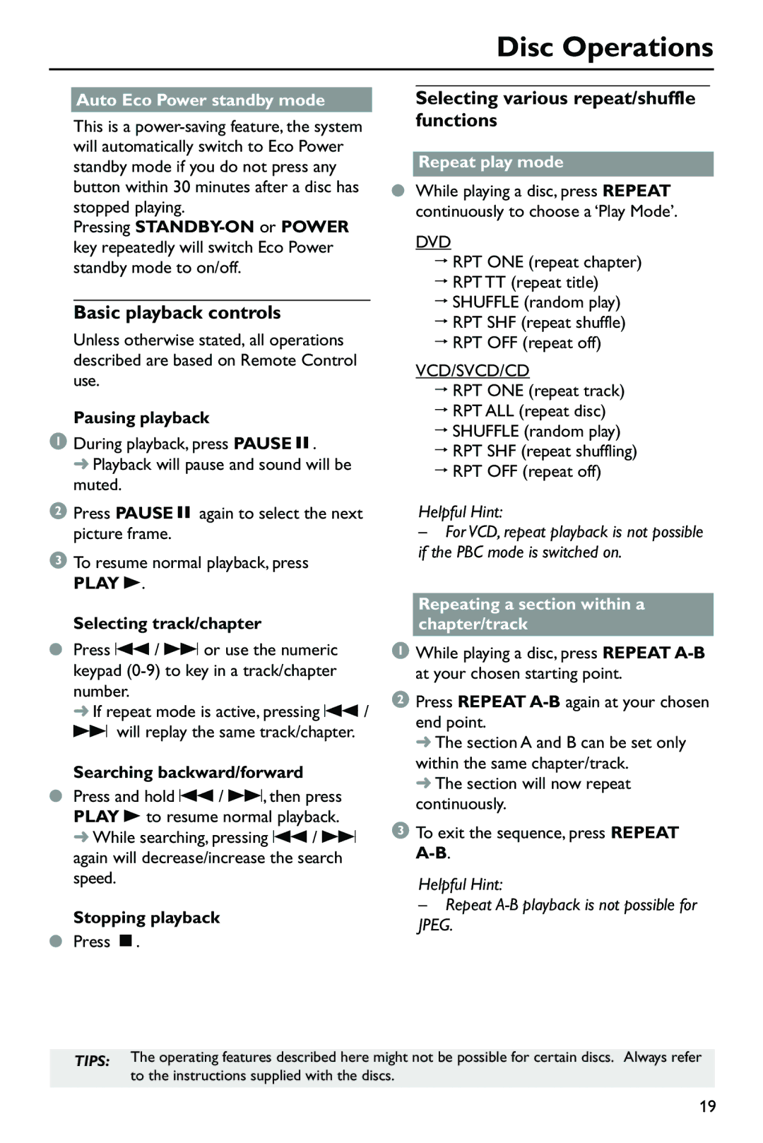 Philips SL-0433/05-1, DVP762/05 user manual Basic playback controls, Selecting various repeat/shuffle functions, Play B 