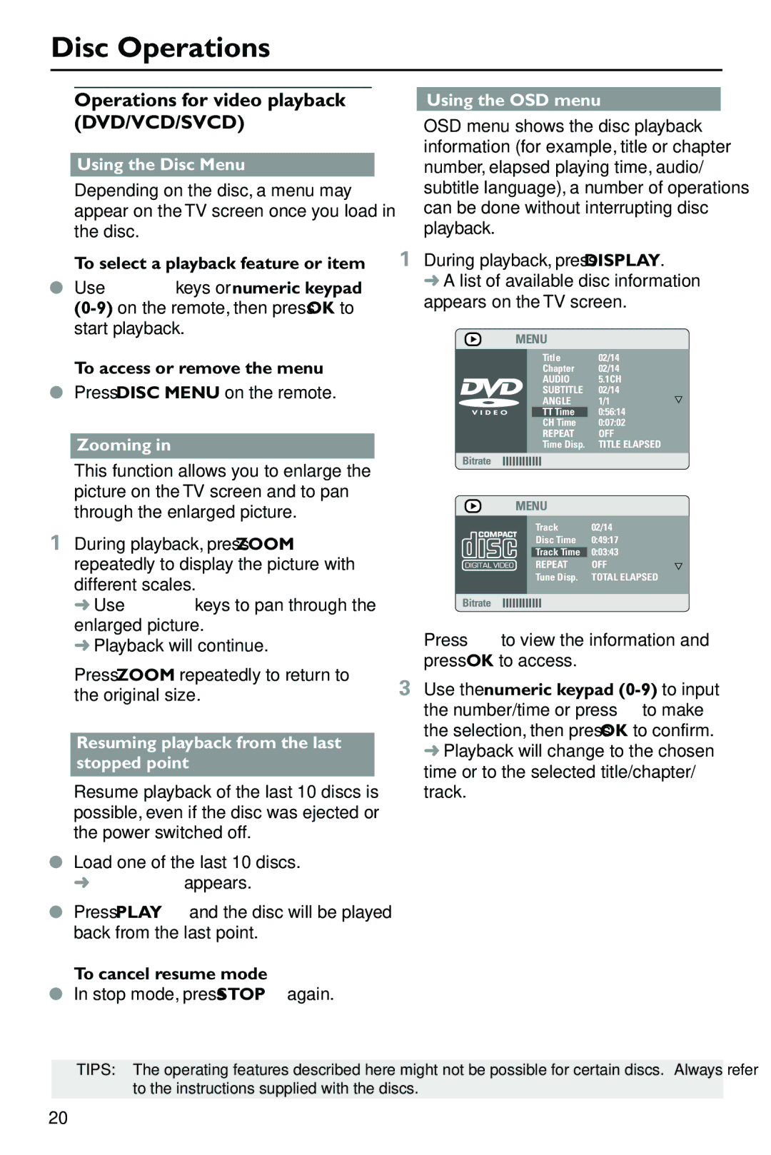 Philips DVP762/05 user manual Operations for video playback DVD/VCD/SVCD, Using the Disc Menu, Zooming, Using the OSD menu 