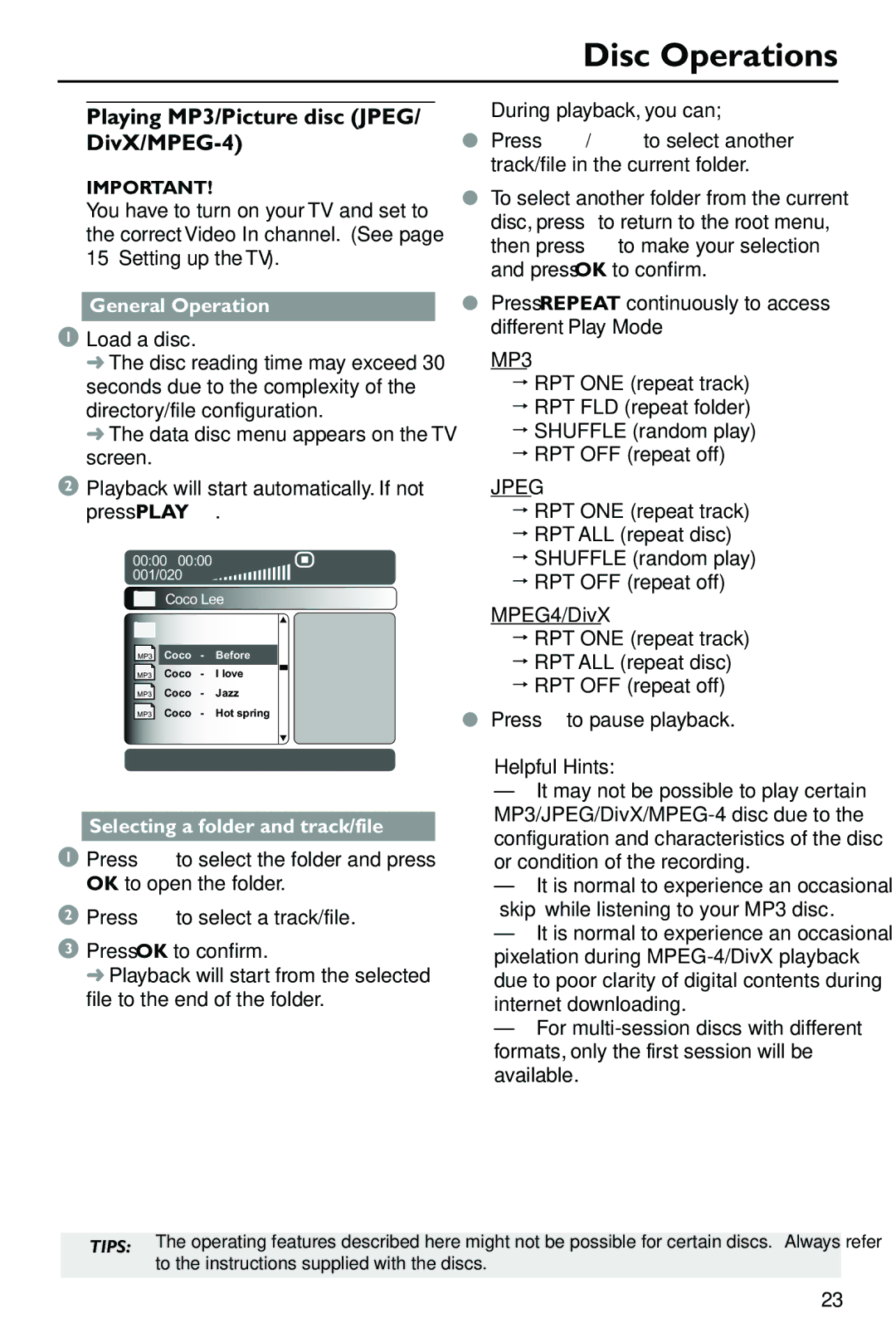 Philips SL-0433/05-1, DVP762/05 user manual Playing MP3/Picture disc JPEG/ DivX/MPEG-4, General Operation, Load a disc 