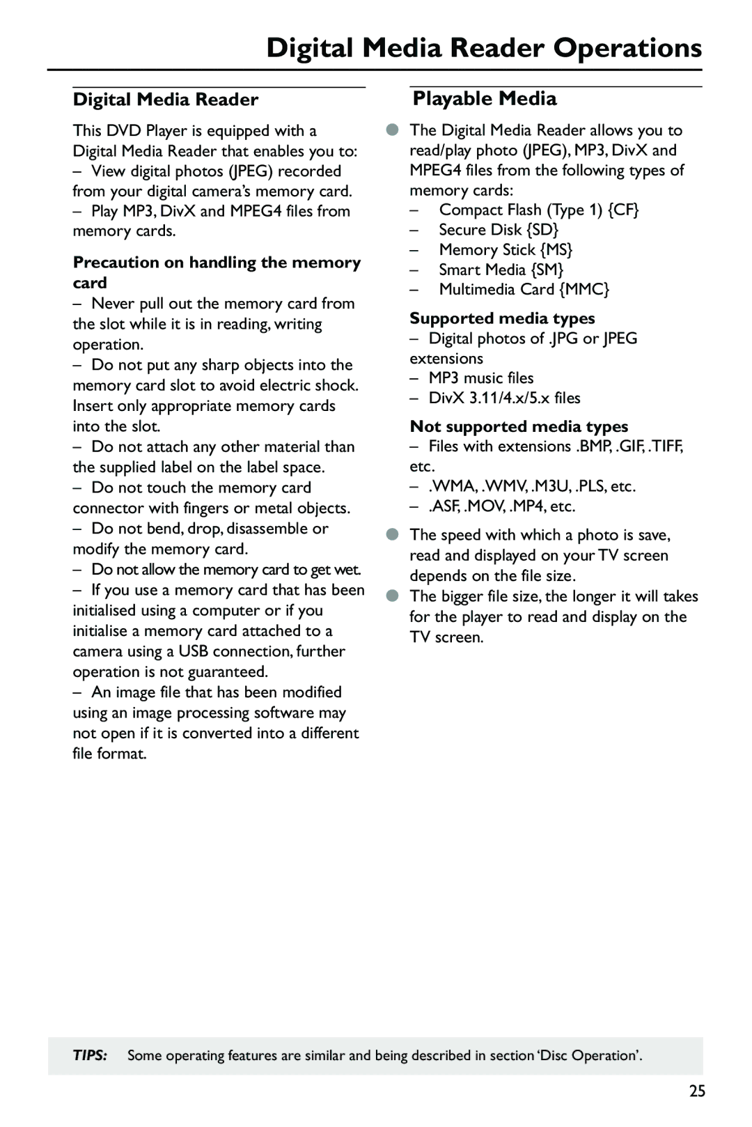 Philips SL-0433/05-1 Digital Media Reader Operations, Precaution on handling the memory card, Supported media types 