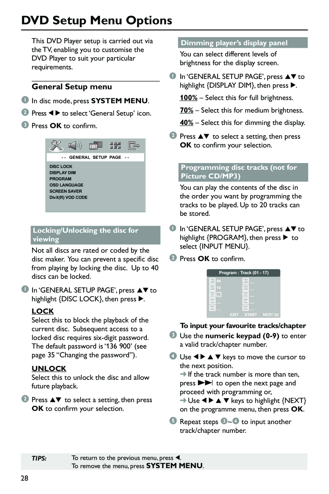 Philips DVP762/05, SL-0433/05-1 user manual DVD Setup Menu Options, General Setup menu, Lock, Unlock 