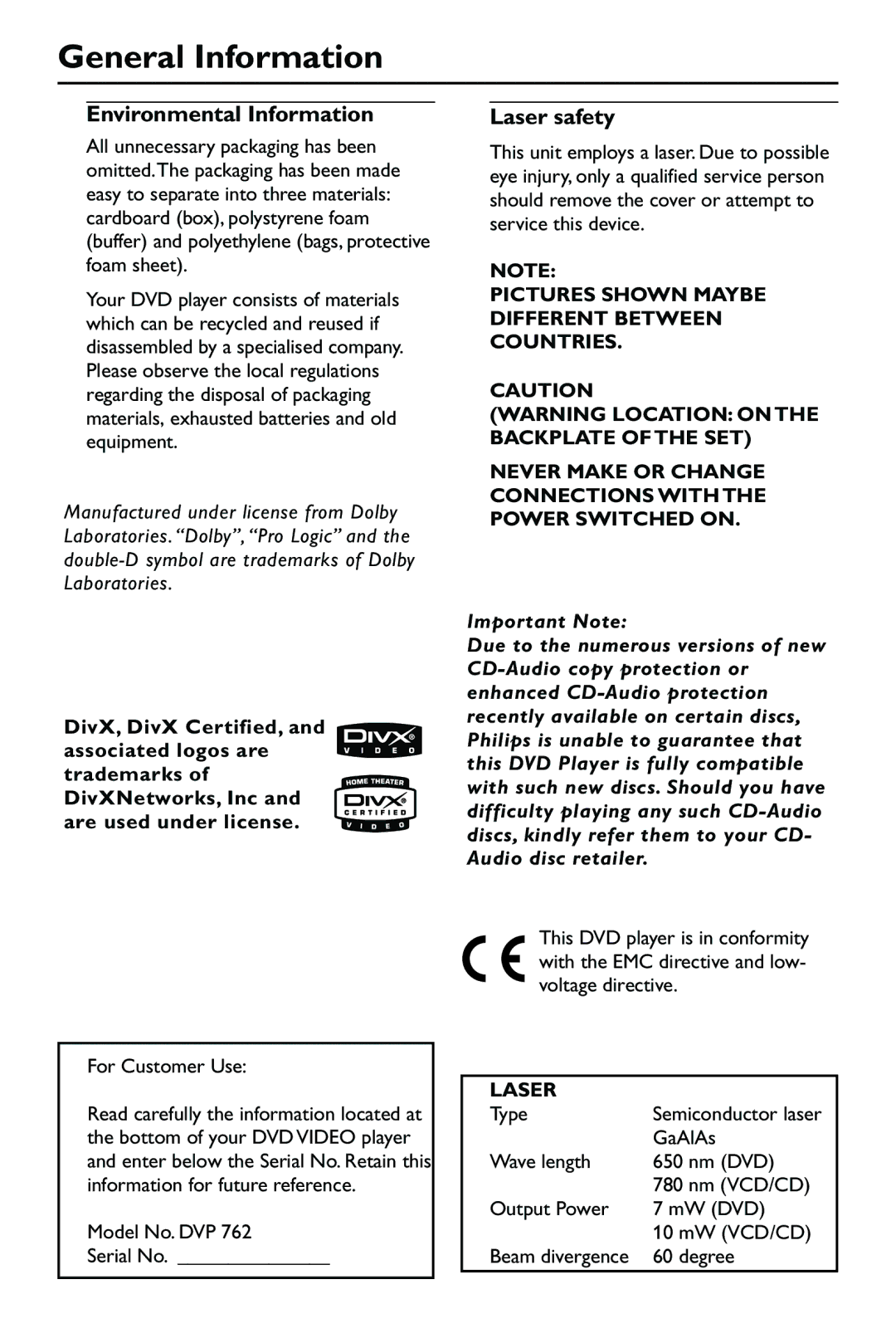 Philips DVP762/05, SL-0433/05-1 user manual General Information, Environmental Information, Laser safety 