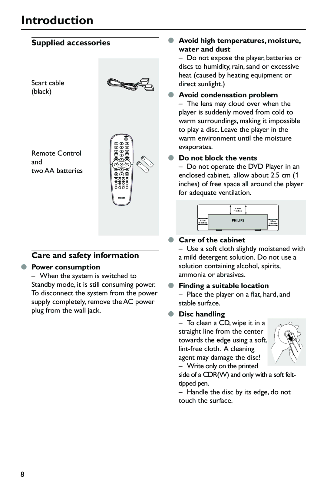 Philips DVP762/05, SL-0433/05-1 user manual Introduction, Supplied accessories, Care and safety information 