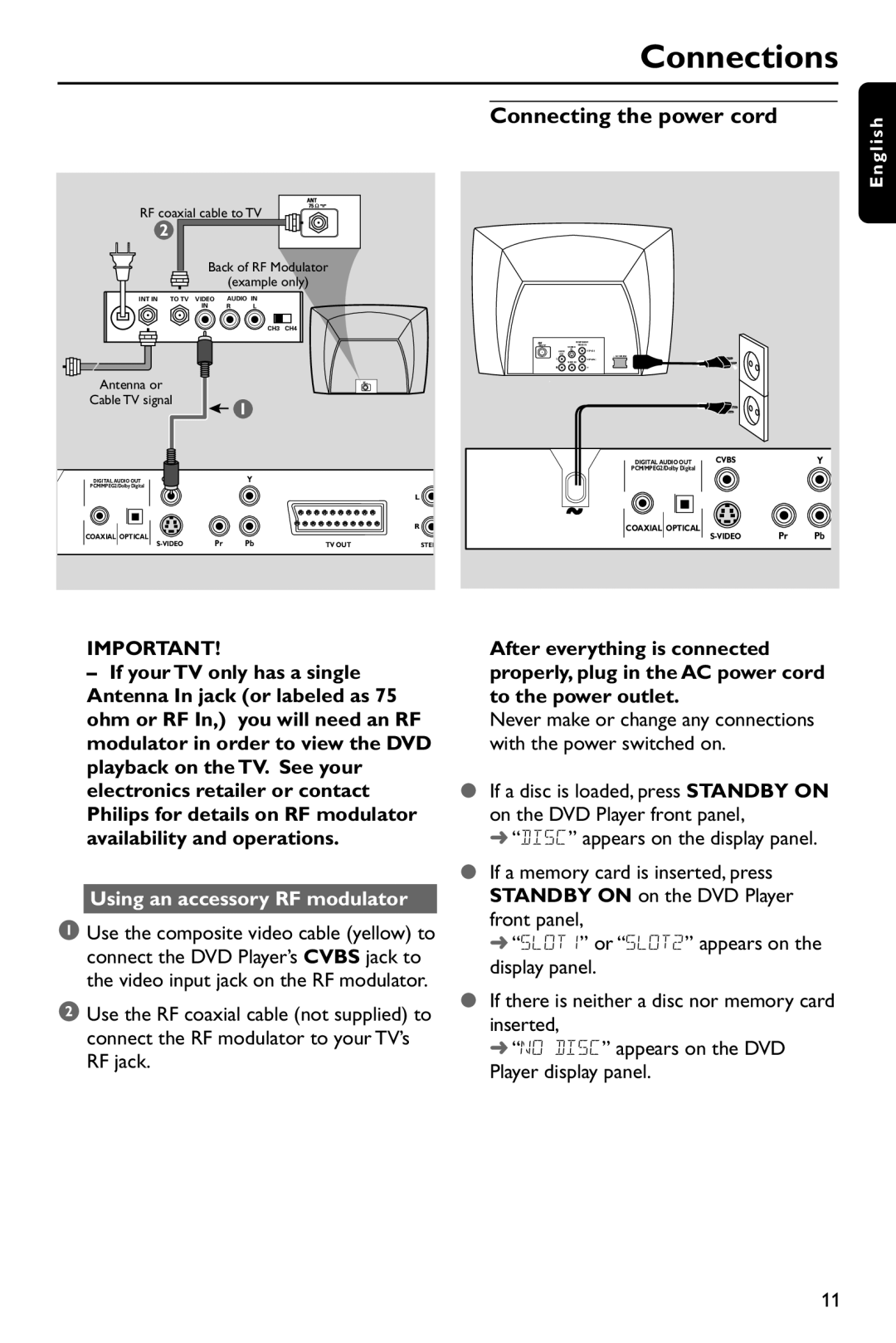 Philips DVP762/75 user manual Connecting the power cord, Using an accessory RF modulator 