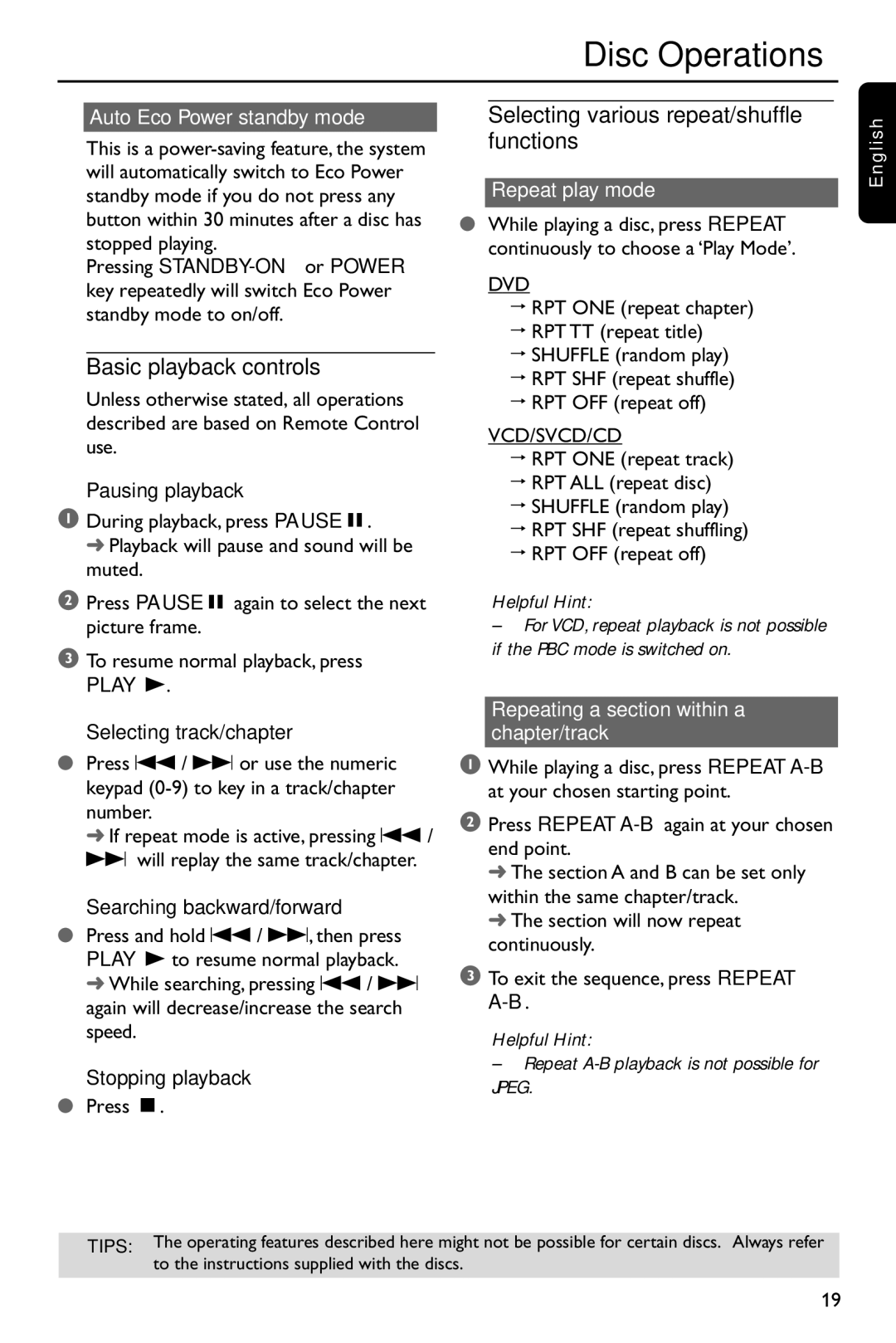 Philips DVP762/75 user manual Basic playback controls, Selecting various repeat/shuffle functions, Play B 