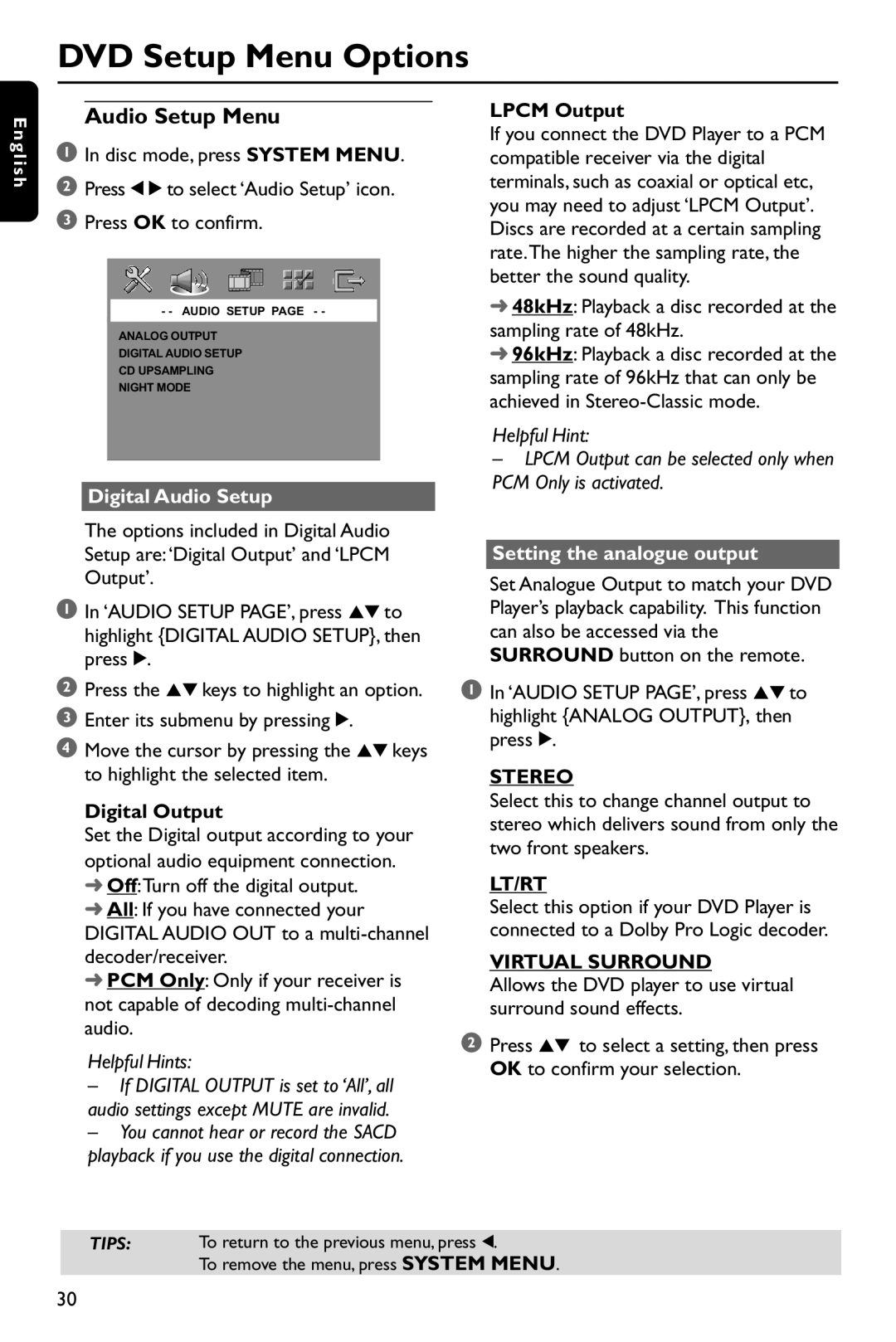 Philips DVP762/75 user manual Audio Setup Menu, Stereo, Lt/Rt, Virtual Surround 