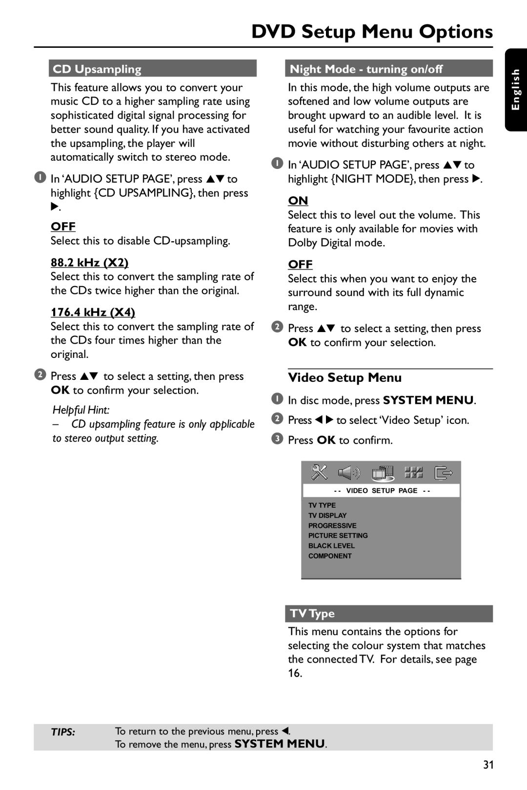 Philips DVP762/75 user manual Video Setup Menu, CD Upsampling Night Mode turning on/off, 88.2 kHz, 176.4 kHz, TV Type 