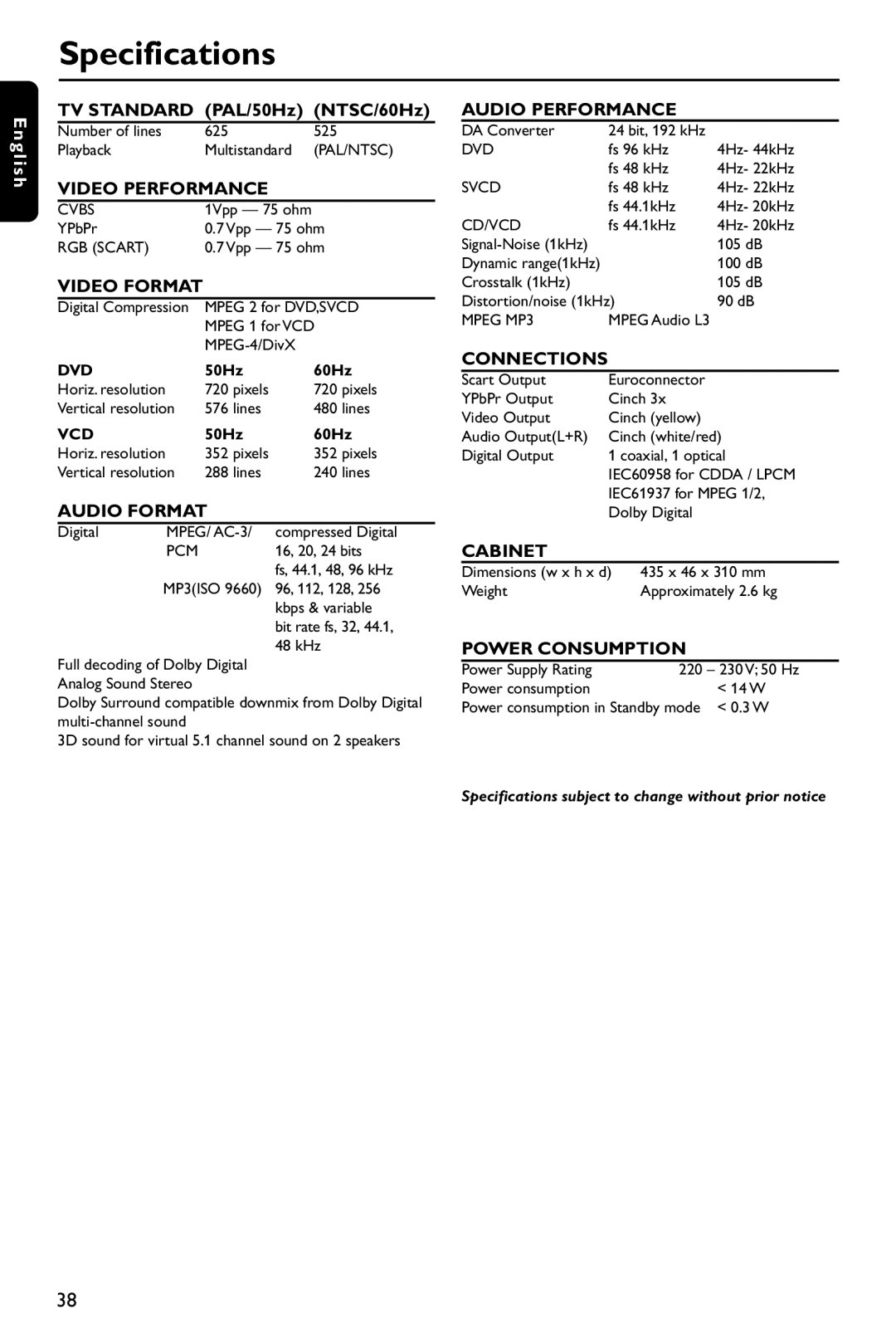 Philips DVP762/75 user manual Specifications, Video Format 