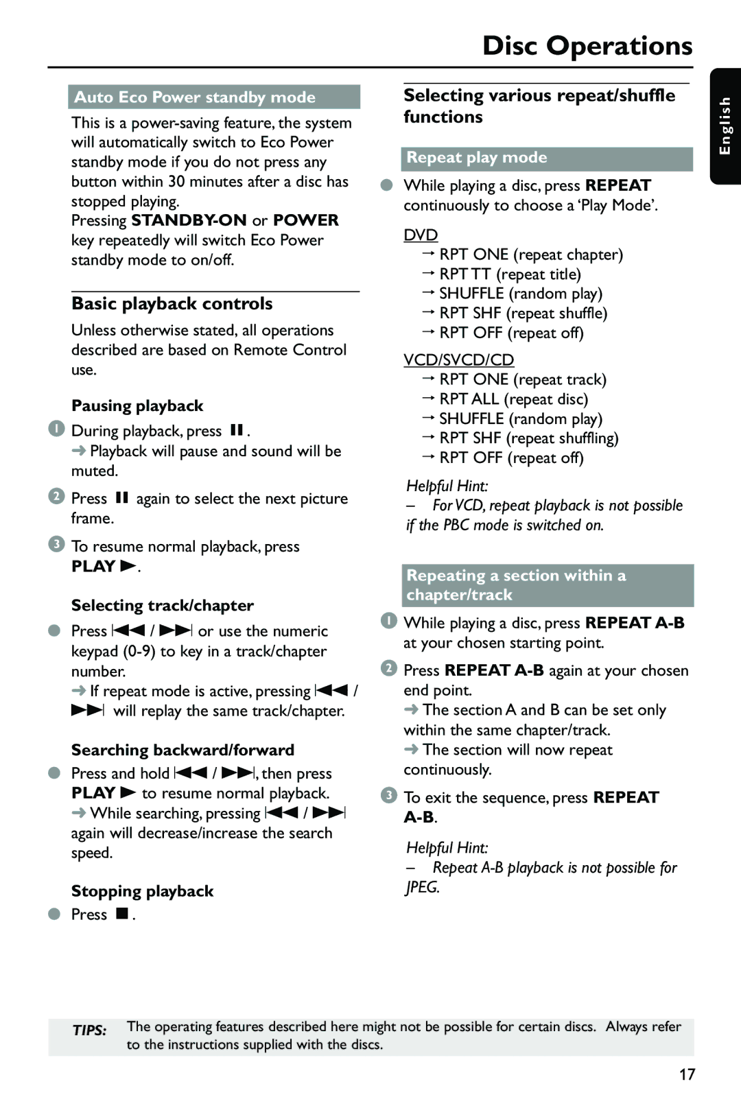 Philips DVP762/00, DVP762/78 user manual Basic playback controls, Selecting various repeat/shuffle functions, Play B 