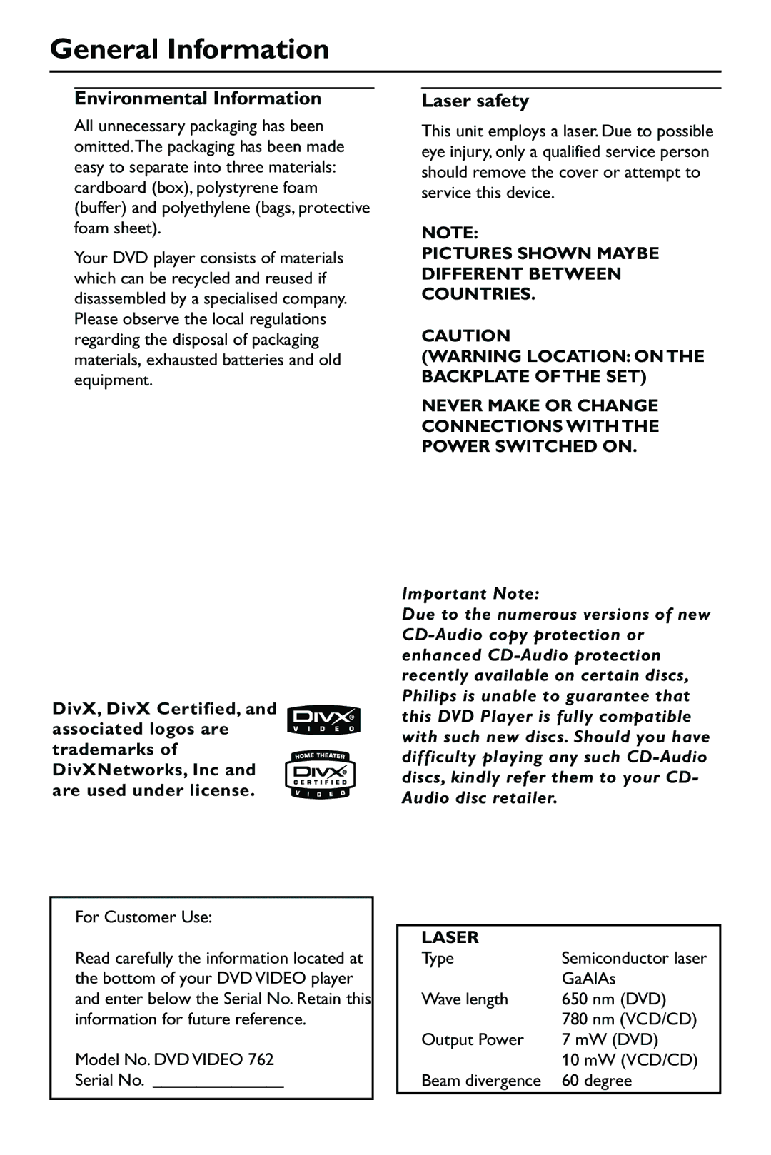 Philips DVP762/00, DVP762/78 user manual General Information, Environmental Information, Laser safety 