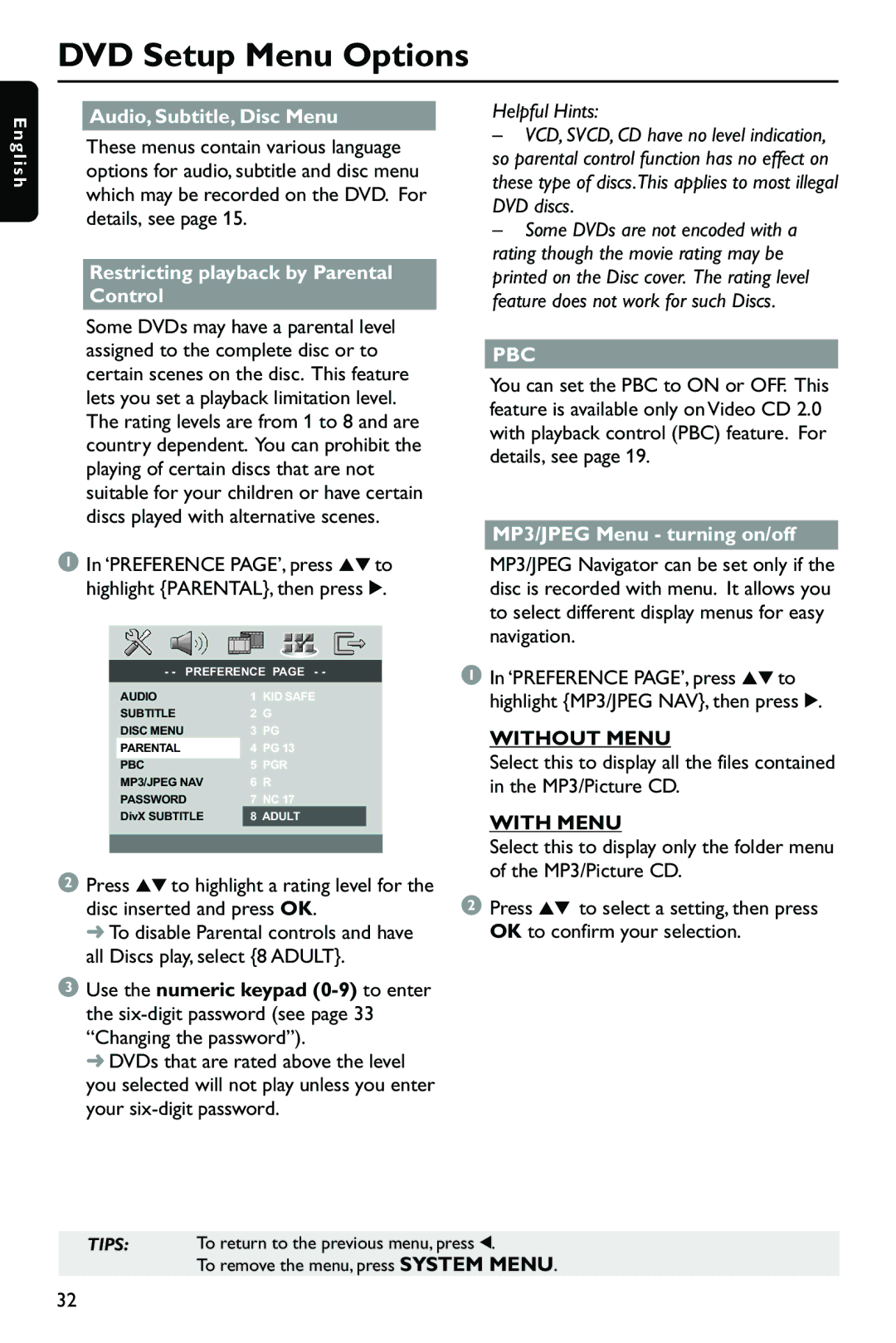 Philips DVP762/00 Audio, Subtitle, Disc Menu, Restricting playback by Parental Control, MP3/JPEG Menu turning on/off 