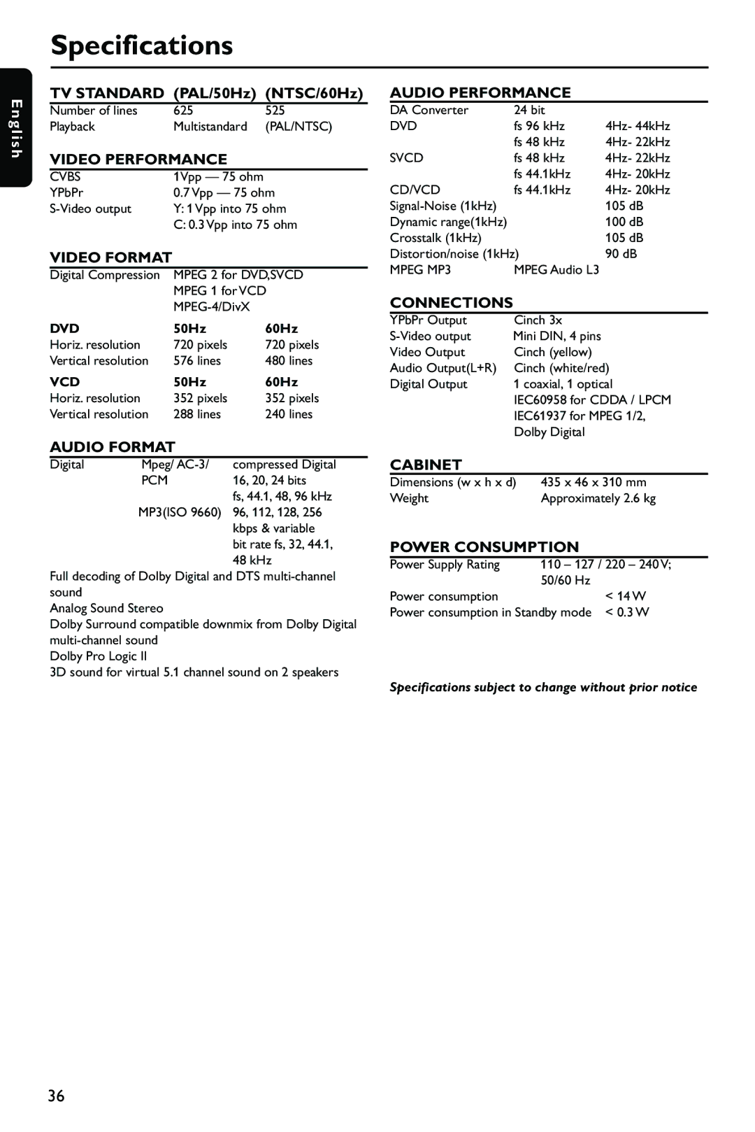 Philips DVP762/78, DVP762/00 user manual Specifications, Video Format 