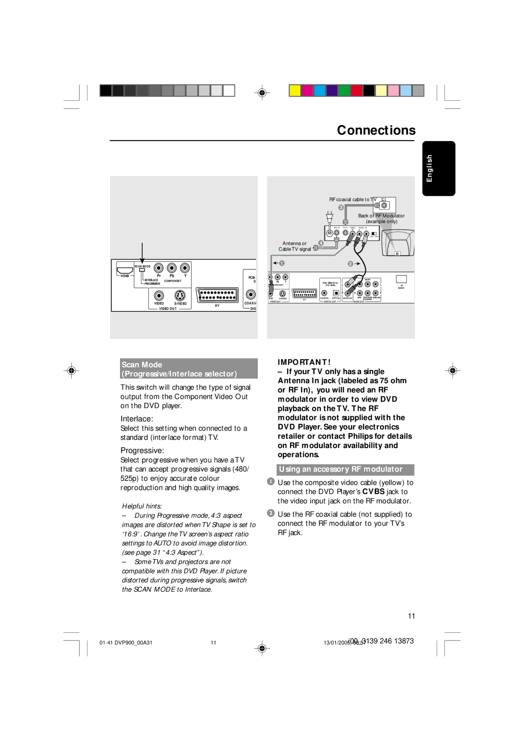 Philips DVP9000S user manual Using an accessory RF modulator, Antenna or 