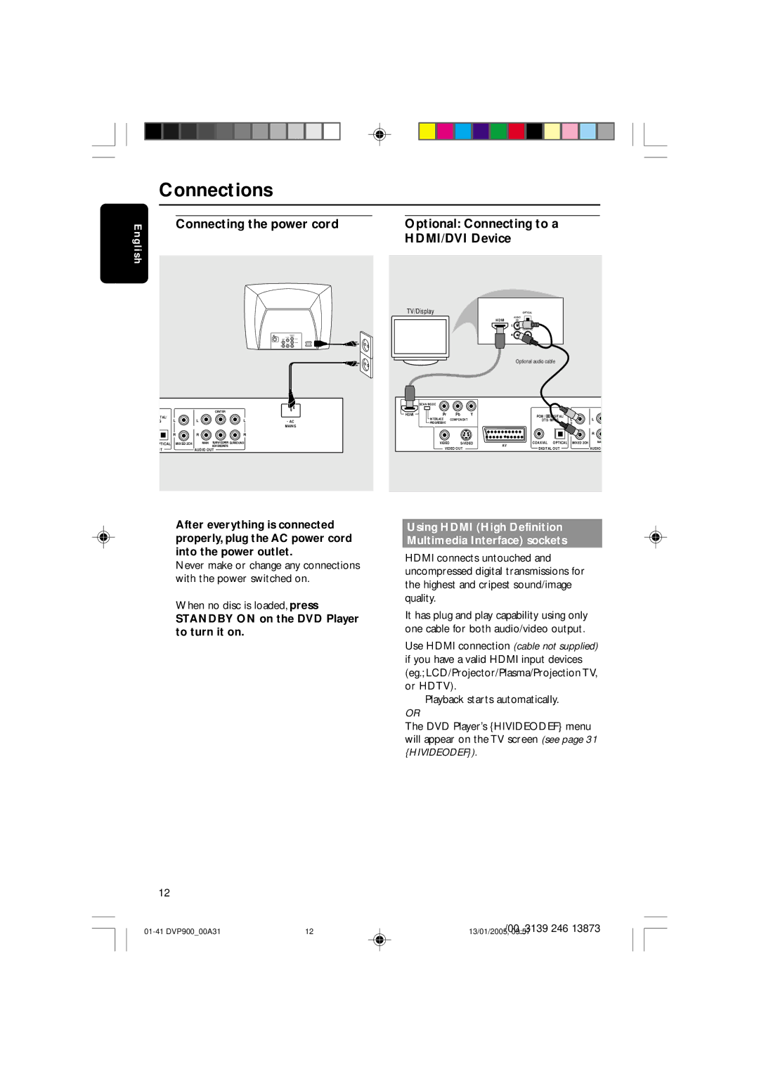 Philips DVP9000S user manual Connecting the power cord, HDMI/DVI Device, Optional Connecting to a 