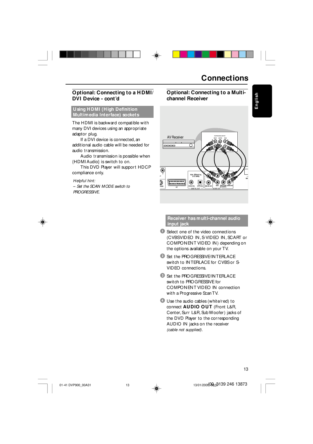 Philips DVP9000S user manual Using Hdmi High Definition, Multimedia Interface sockets, If a DVI device is connected, an 