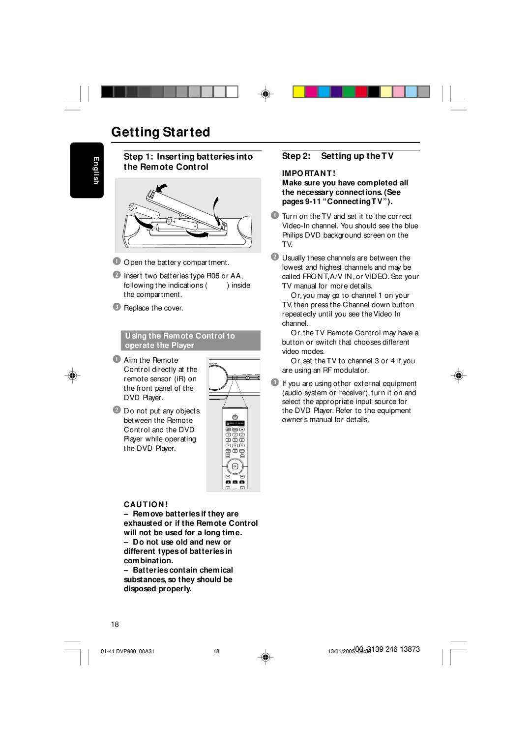 Philips DVP9000S user manual Getting Started, Setting up the TV, Using the Remote Control to operate the Player 