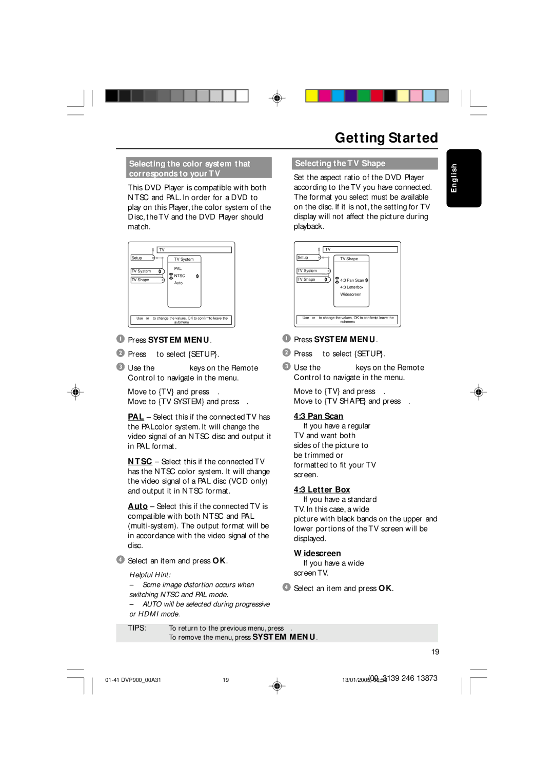 Philips DVP9000S user manual Selecting the color system that corresponds to your TV, Selecting the TV Shape 