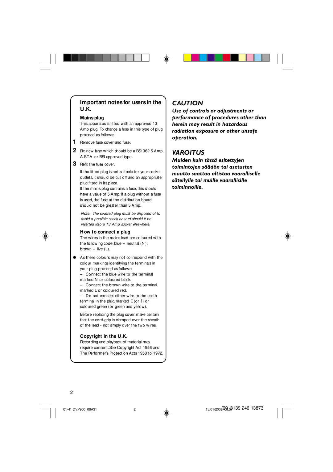 Philips DVP9000S user manual Important notes for users in the U.K, Mains plug 