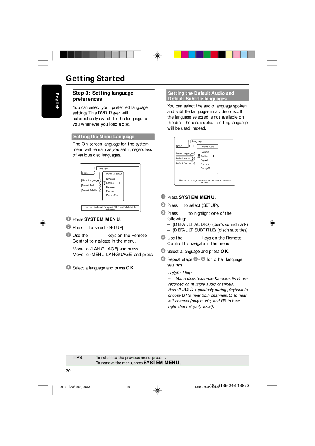 Philips DVP9000S user manual Setting language preferences, Setting the Menu Language 