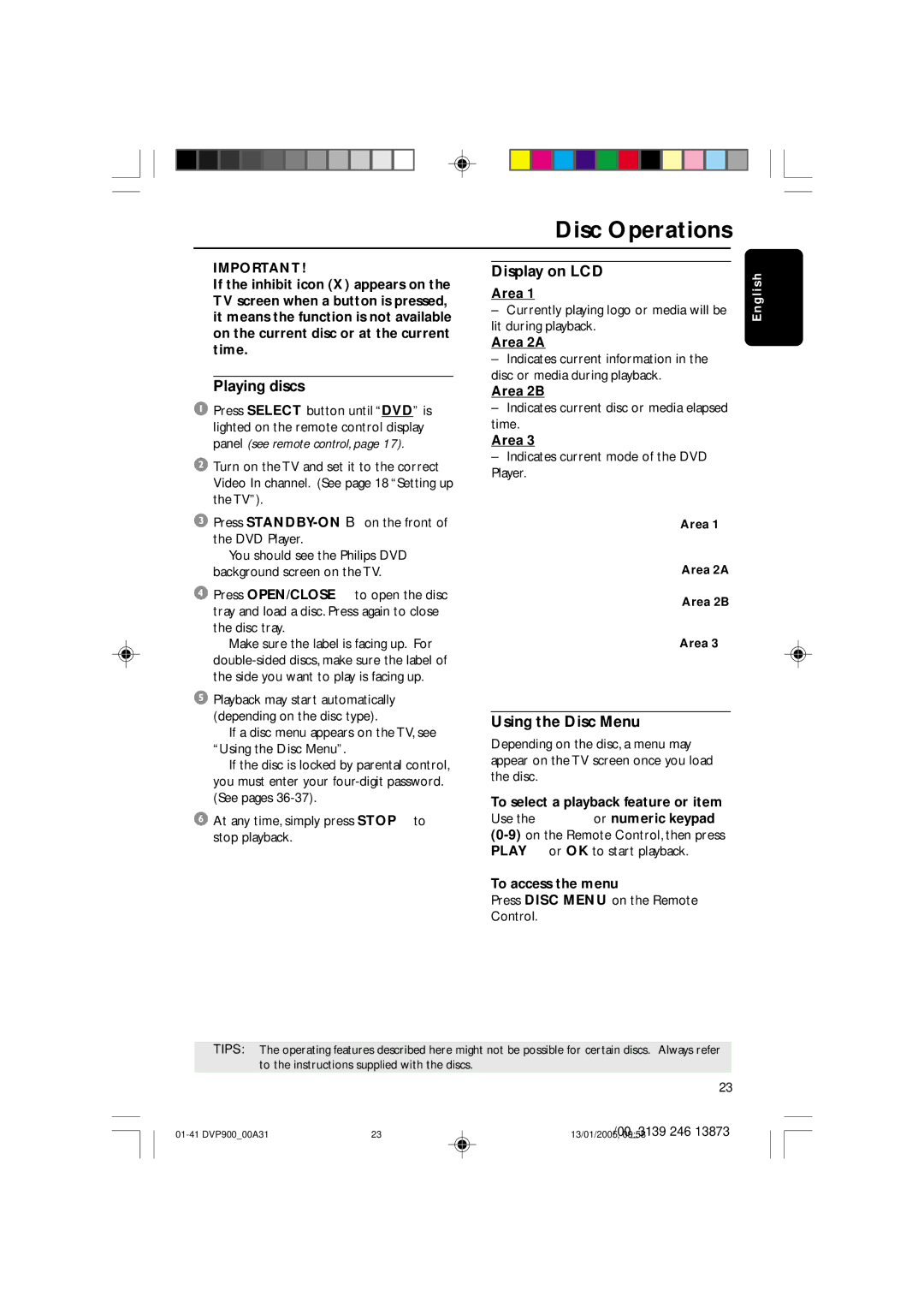 Philips DVP9000S user manual Playing discs, Display on LCD, Using the Disc Menu 