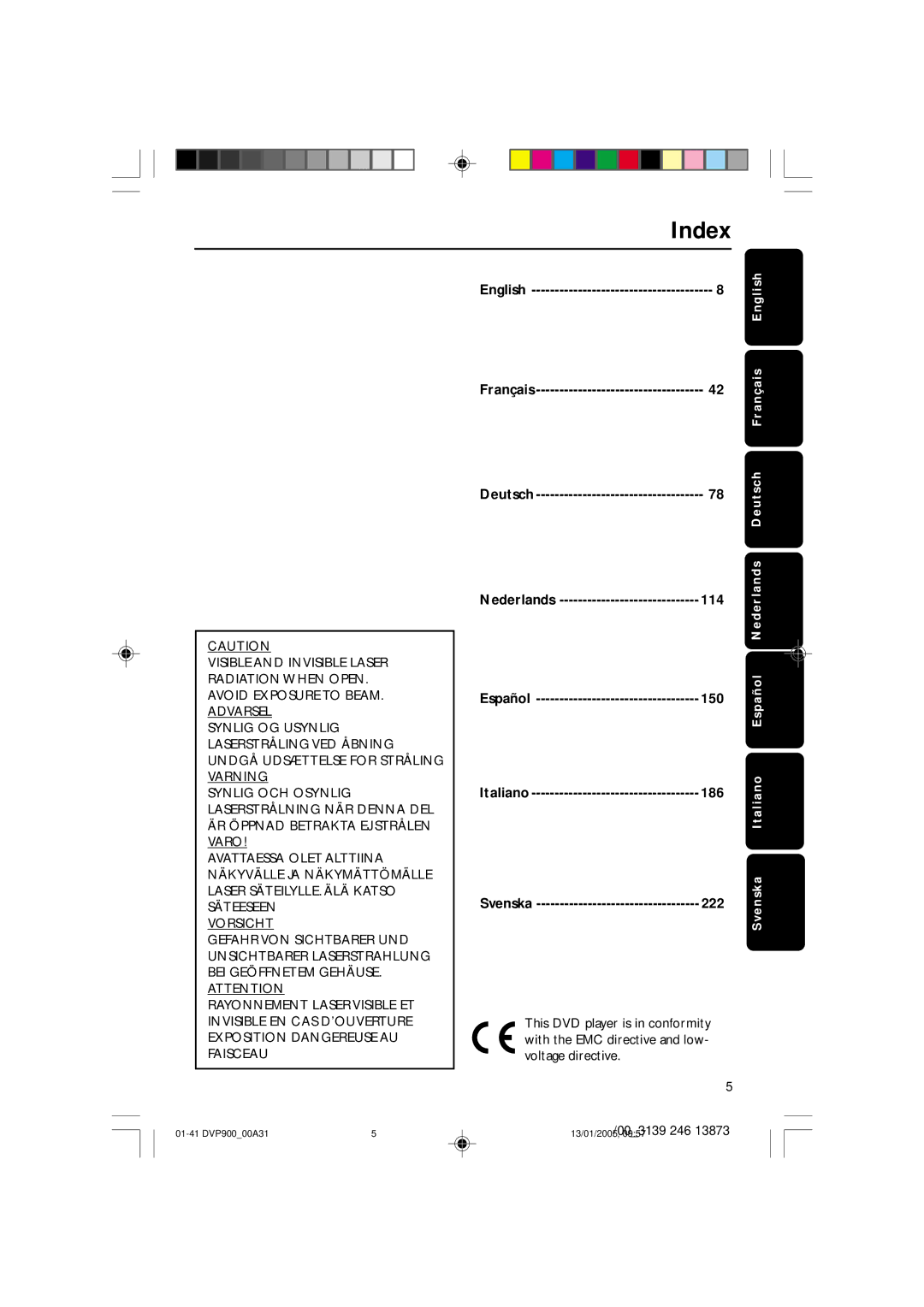 Philips DVP9000S user manual Index, English, Deutsch Nederlands 114 Español 150 Italiano 186, 222 