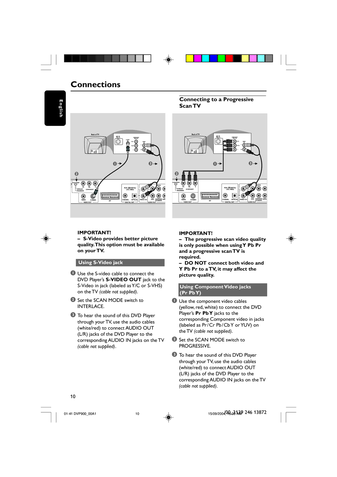 Philips DVP900SA/00_A Connecting to a Progressive Scan TV, Using S-Video jack, Using Component Video jacks Pr Pb Y 