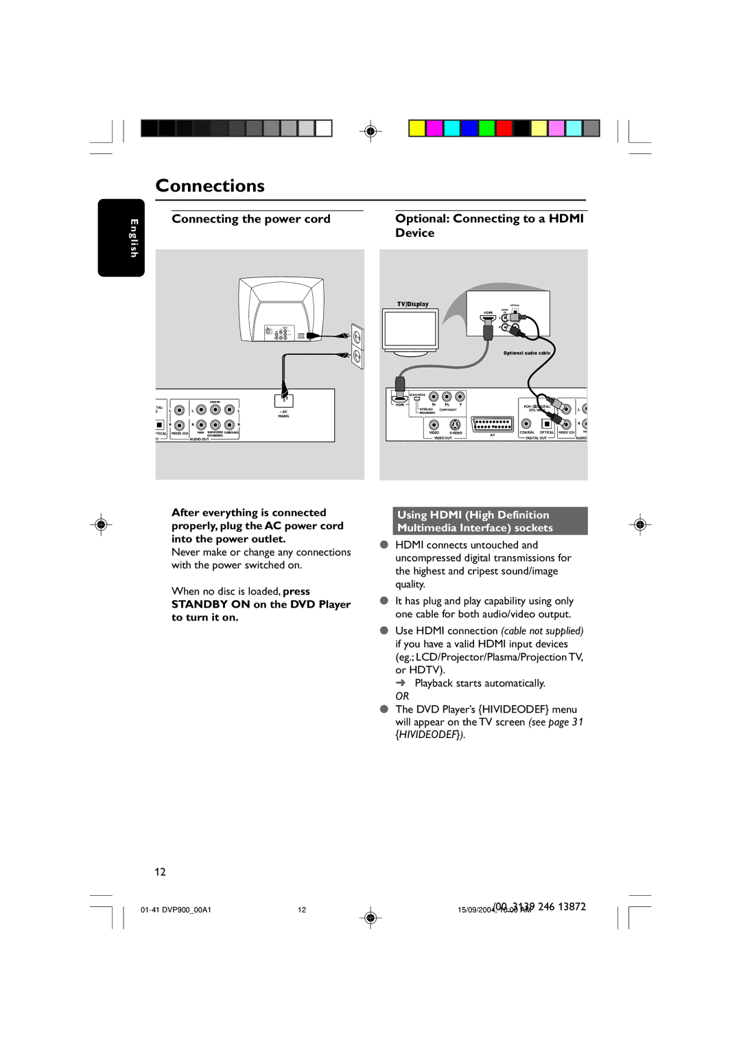 Philips DVP900SA/00_A user manual When no disc is loaded, press, Standby on on the DVD Player to turn it on 