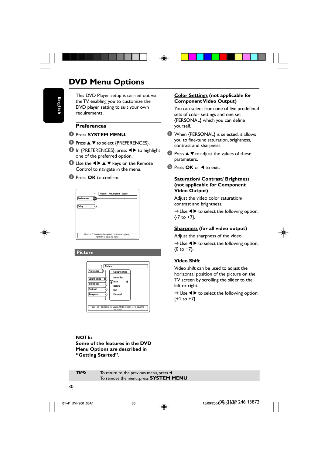 Philips DVP900SA/00_A user manual DVD Menu Options, Preferences, Picture, Sharpness for all video output, Video Shift 