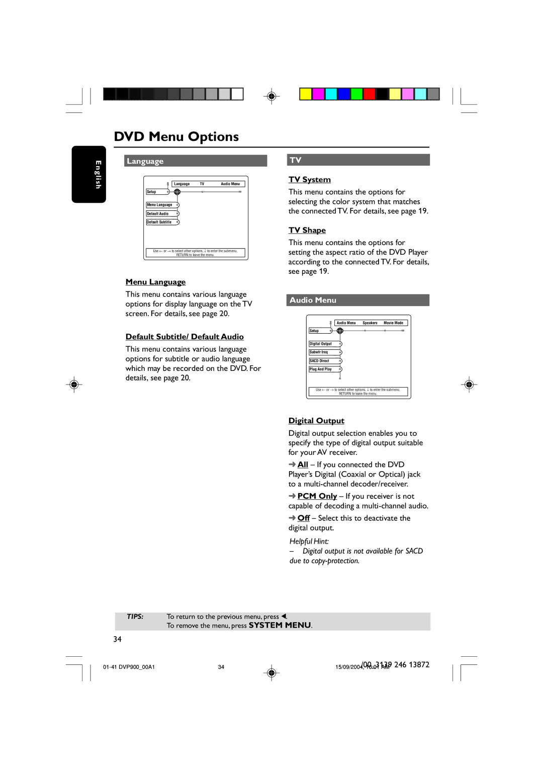 Philips DVP900SA/00_A user manual Language, Audio Menu 