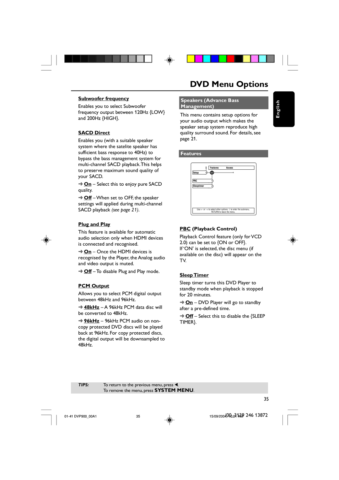 Philips DVP900SA/00_A user manual Speakers Advance Bass Management 