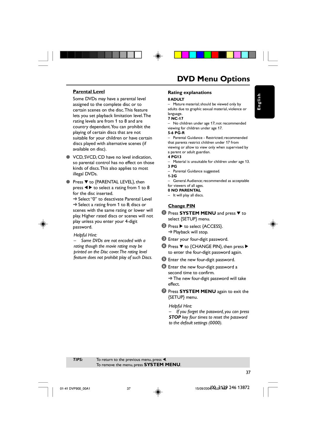 Philips DVP900SA/00_A user manual Parental Level, Rating explanations, Change PIN 