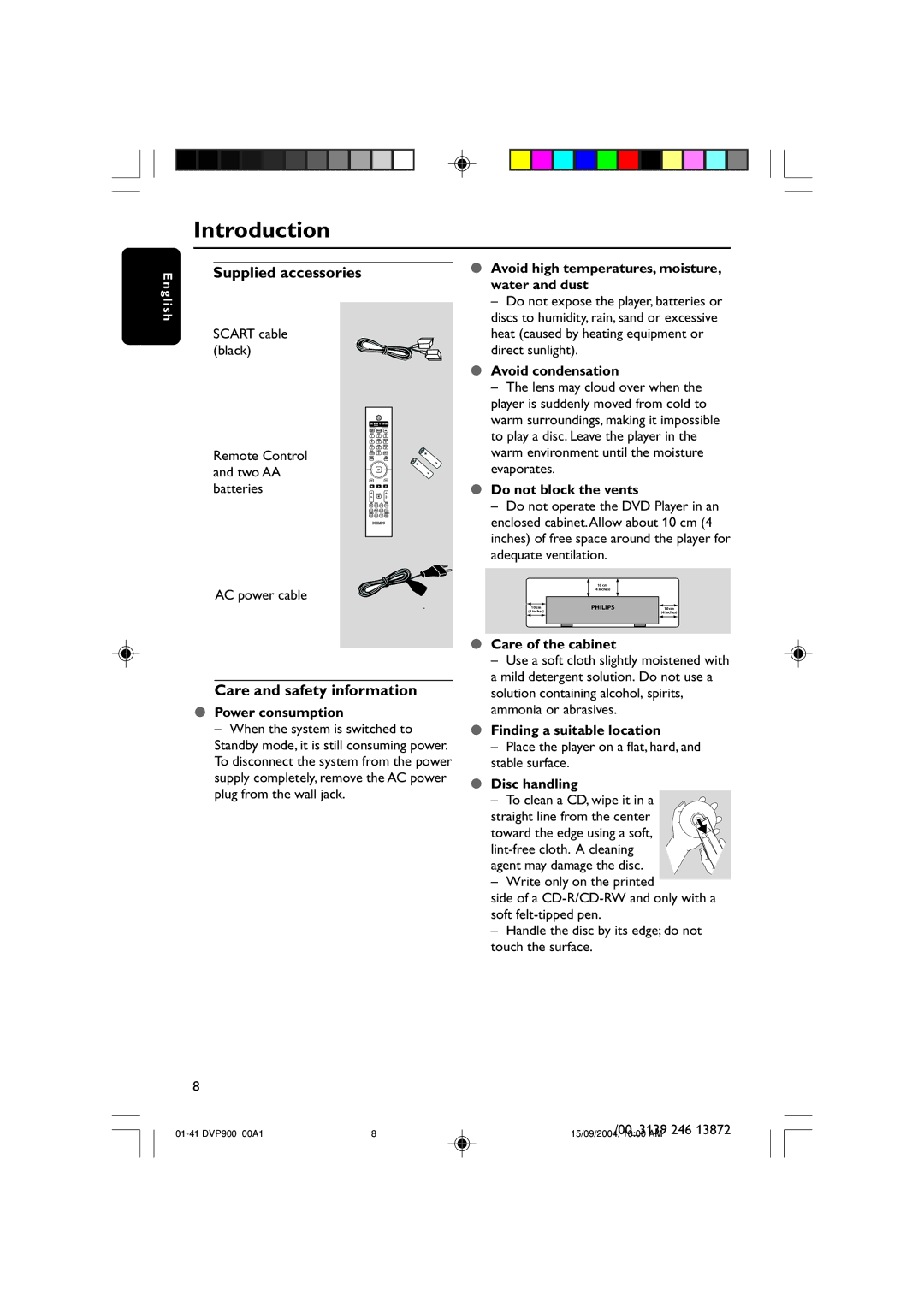 Philips DVP900SA/00_A user manual Introduction, Supplied accessories, Care and safety information 