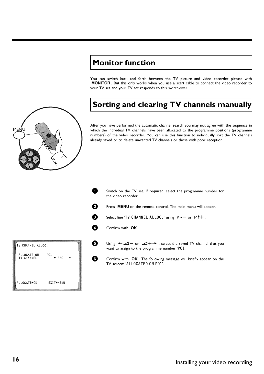 Philips DVR specifications Monitor function, Sorting and clearing TV channels manually 