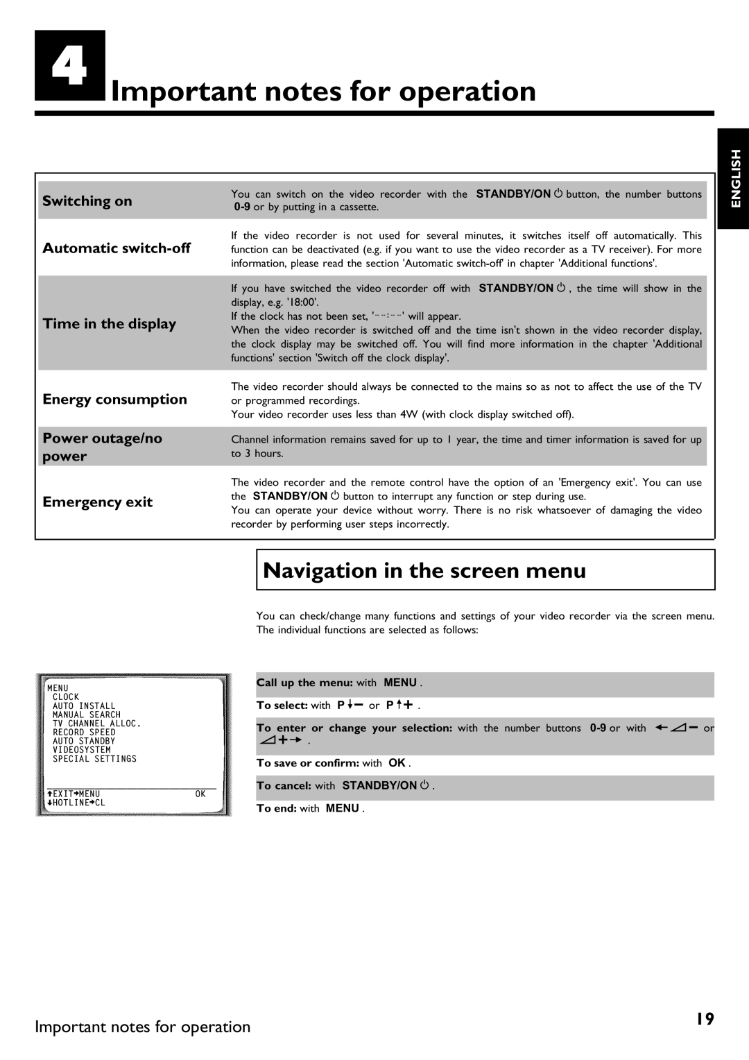 Philips DVR specifications DImportant notes for operation, Navigation in the screen menu 